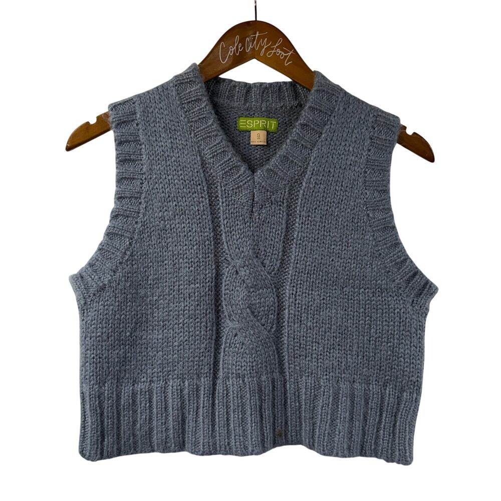 Esprit Blue Knit V Neck Sweater Vest Crop Sleeveless Vintage